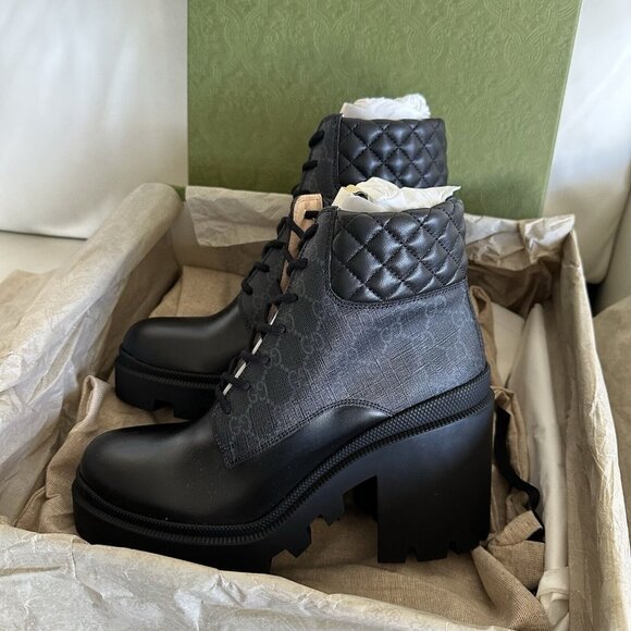 NEW GUCCI Apollo Calfskin GG Supreme Nappa Samoa Lace Up Ankle Boots 40.5 - Picture 1 of 12